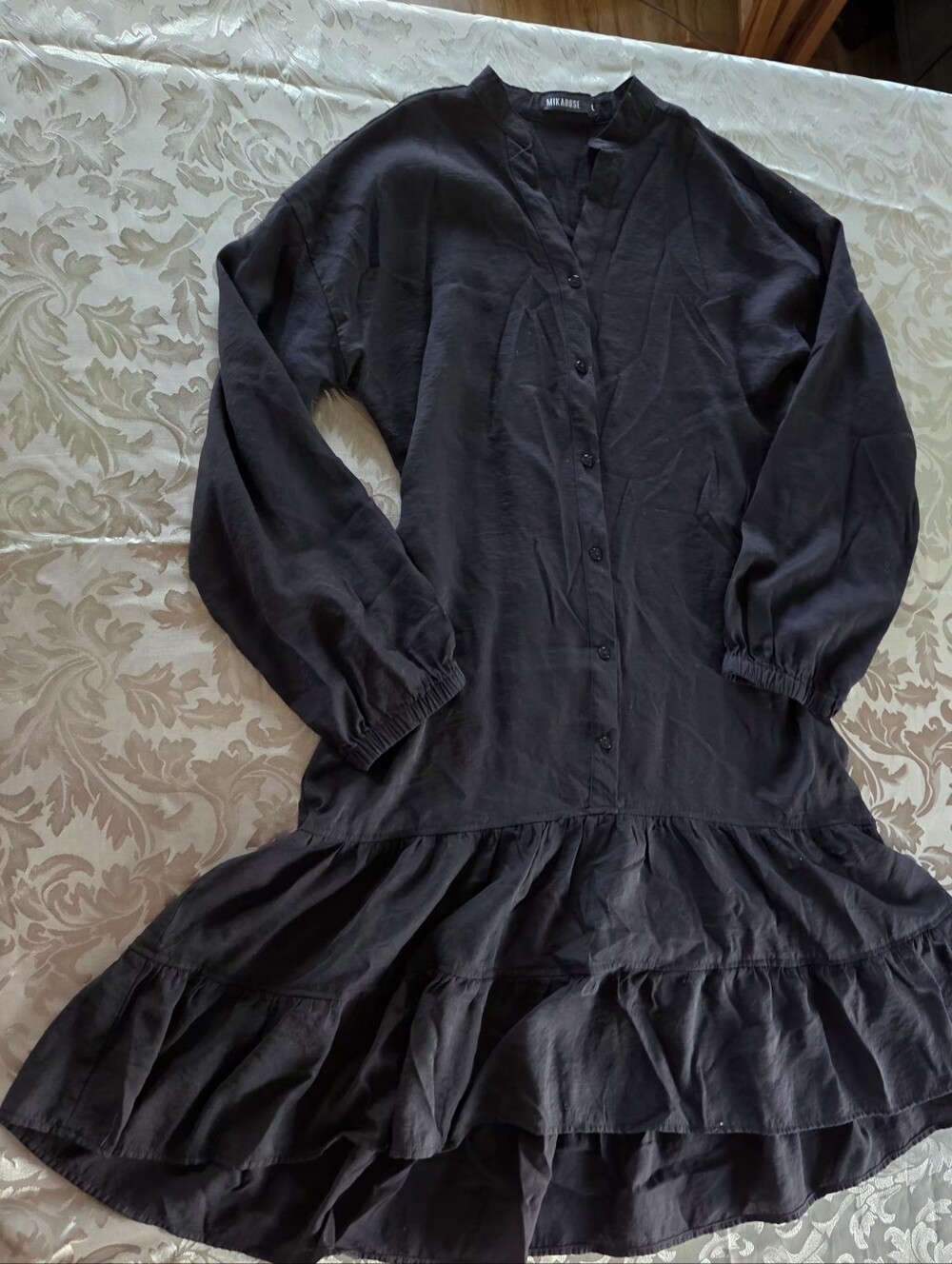 Mikarose Long-Sleeve Tiered Black Button Dress